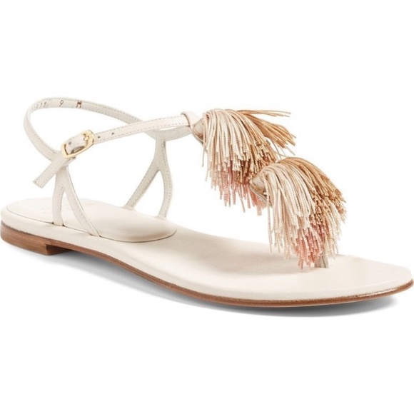 Stuart Weitzman Jabow White Ivory Nappa Leather Tassel Flat Heels Sandals 7.5 - Picture 5 of 11